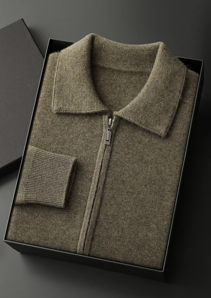 100% CASHMERE ZIP POLO CARDIGAN.