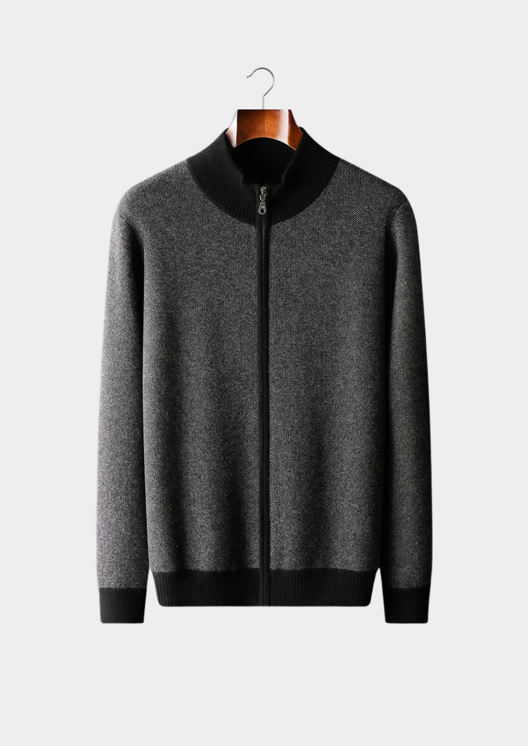 100% CASHMERE JACQUARD ZIP CARDIGAN.