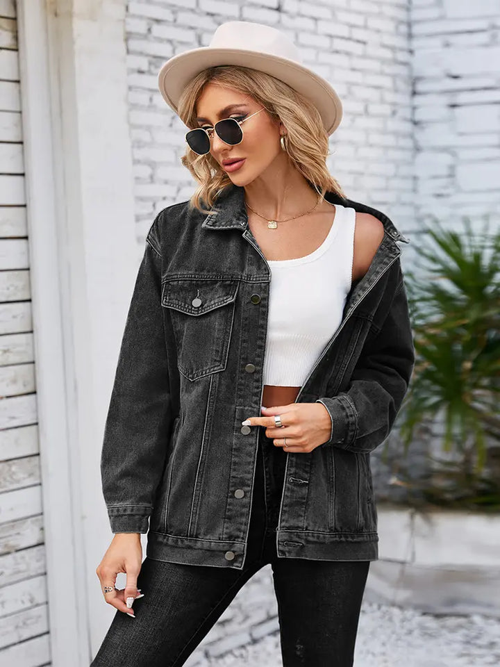 Oversized Mid-Length Casual Denim Jacket, view 5 - Elena Harper
