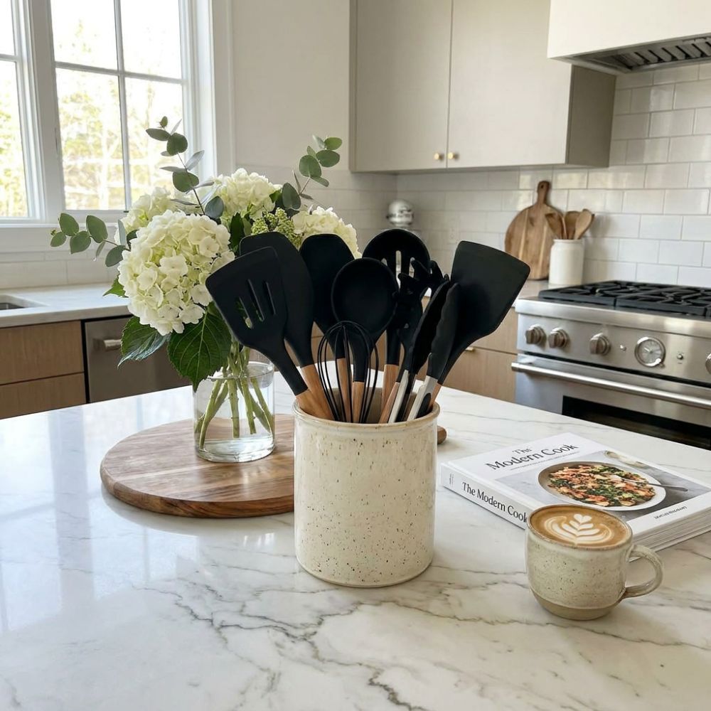 Silicone Kitchen Utensil Set with Wooden Handles