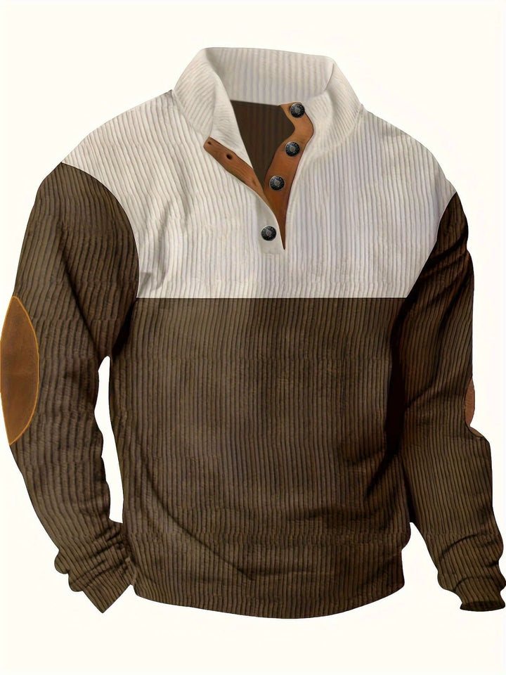 Men's Ribbed Quarter Button Sweater with Elbow Patches, view 2 - Elena Harper