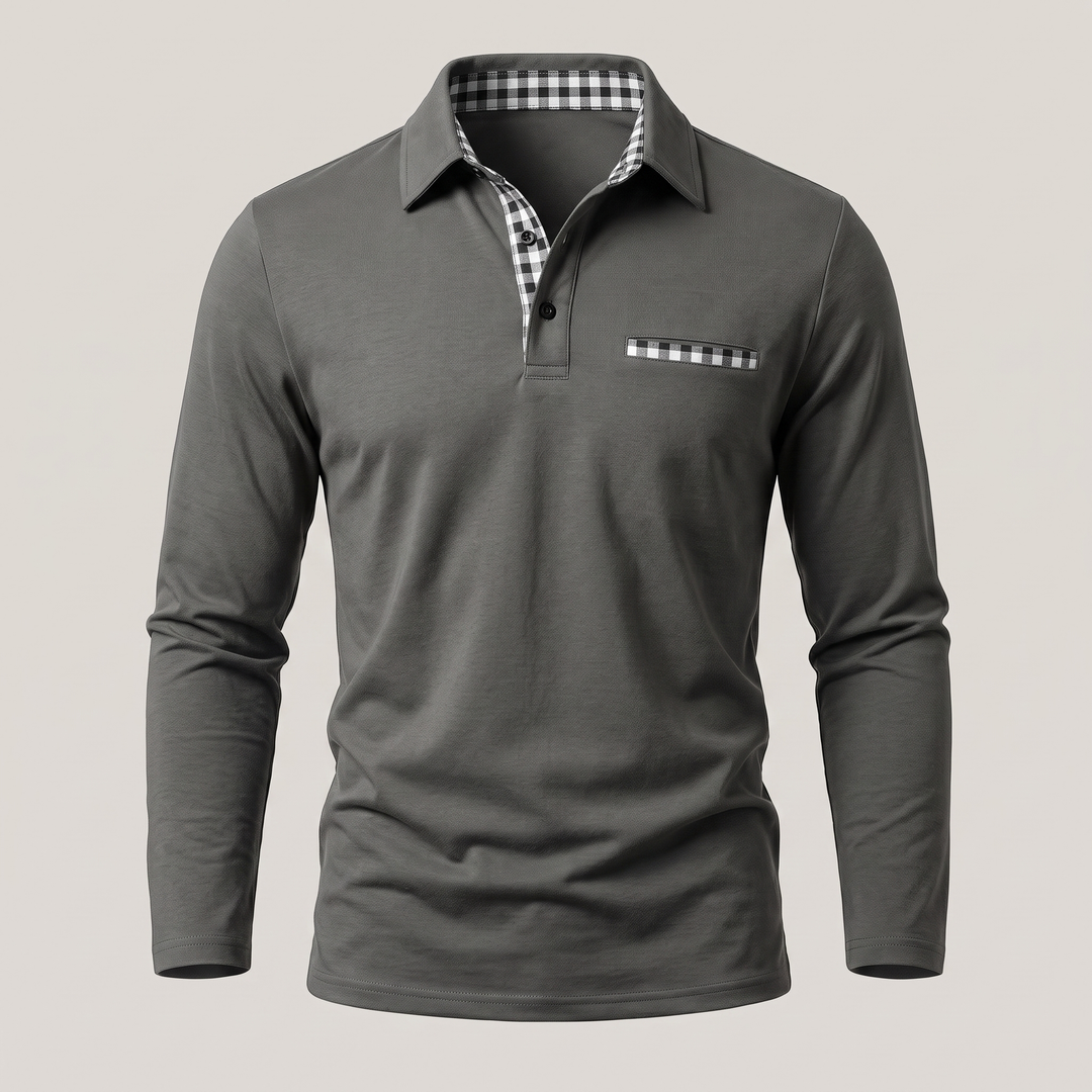 Adrian Elegant Long Sleeve Polo Shirt with Checked Details, view 6 - Elena Harper