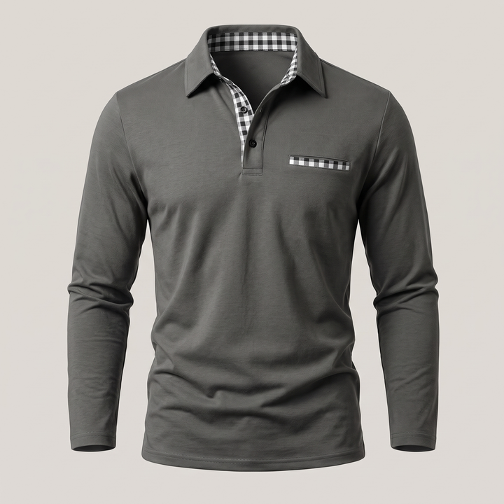 Adrian Elegant Long Sleeve Polo Shirt with Checked Details, view 6 - Elena Harper
