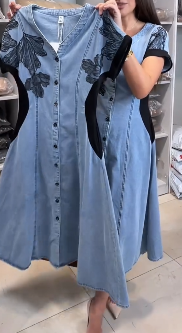 Vharina Embroidered Denim Maxi Dress with Contrast Inserts, view 4 - Elena Harper