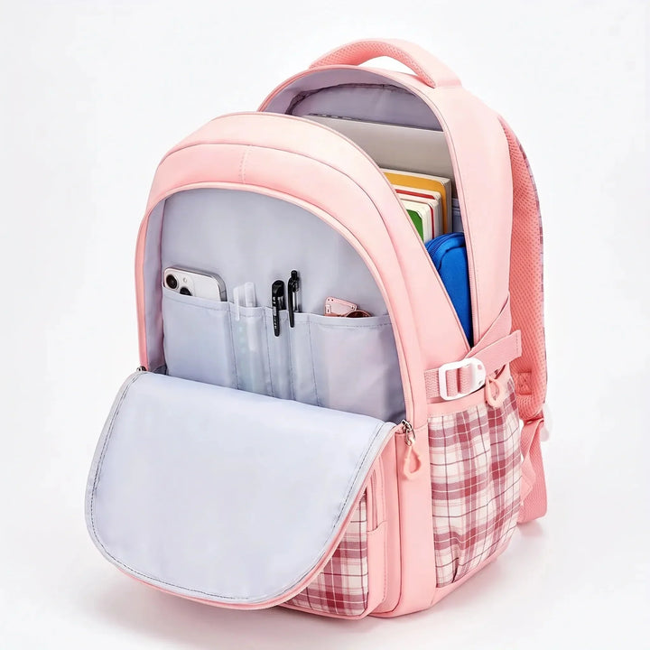 Checkered School Backpack Water-Resistant with Padded Shoulder Straps