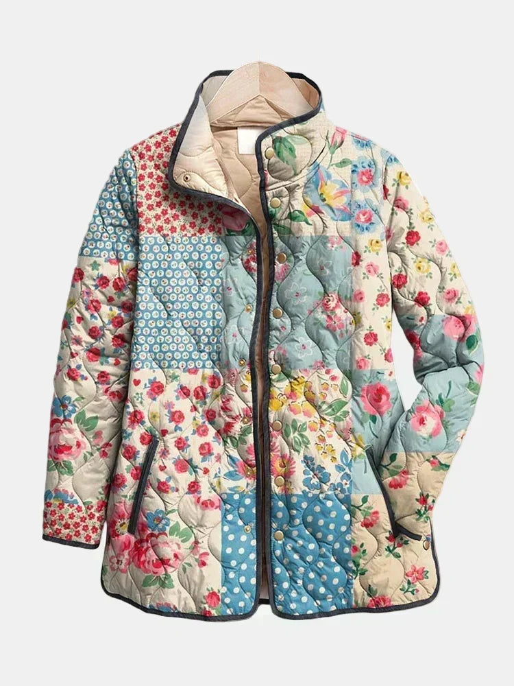 Women's Quilted Jacket with Floral Print for Mid-Season