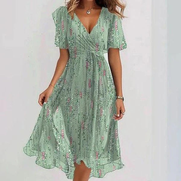 Women's Midi Floral Wrap Dress – A-Line Style with Short Sleeves