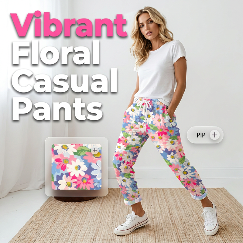 Women's Floral Pants with Adjustable Waist and Convenient Pockets