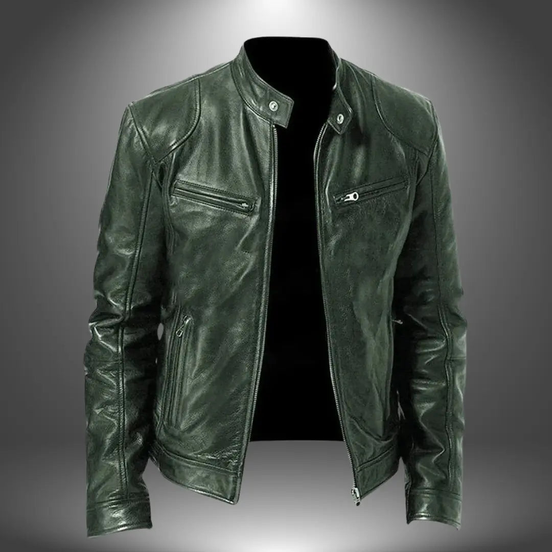 Harrington Oxford Men’s Leather Biker Jacket Zip-Up with Stand Collar and Pockets, view 3 - Elena Harper