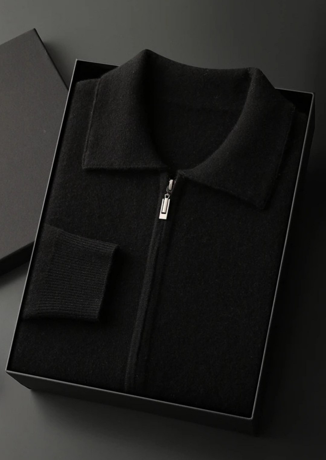 100% CASHMERE ZIP POLO CARDIGAN.