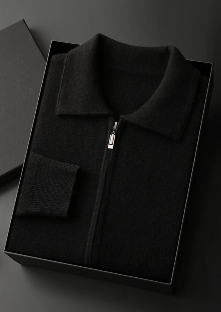 100% CASHMERE ZIP POLO CARDIGAN.