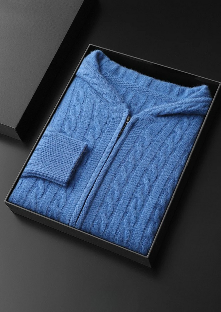 100% CASHMERE CABLE KNIT ZIPPER HOODIE