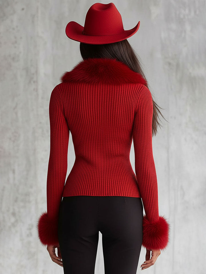 Lapel Zipper Faux Fur Collar Knitted Cardigan