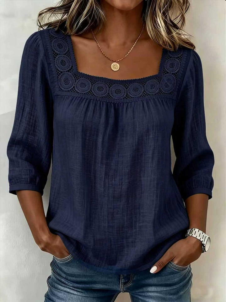 Women's Cotton and Linen Blouse with Square Neckline and Refined Lace