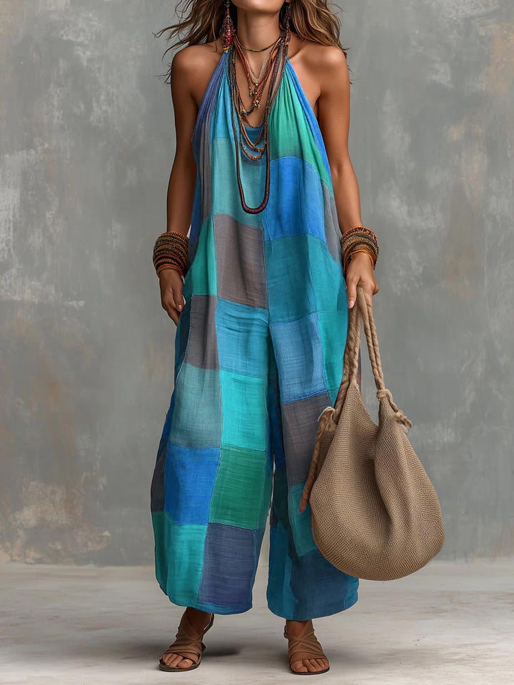 Women's Bohemian Style Loose Cotton Linen Patchwork Jumpsuit