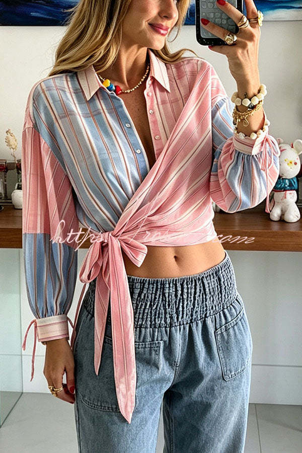 Plaid Wrap Tie Long Sleeve Shirt