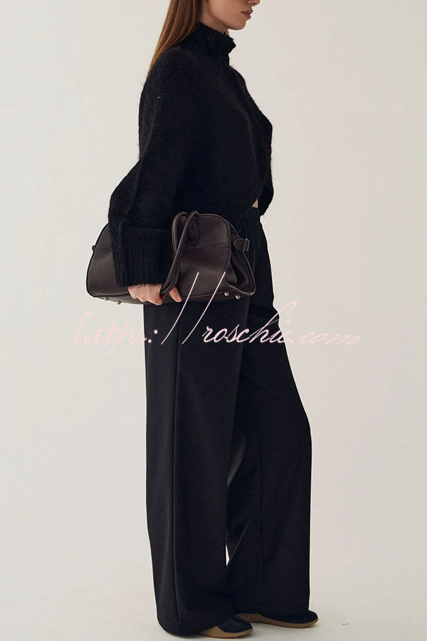 Martina Solid Color Knit High Neck Button Long Sleeve Wave Hem Crop Cardigan