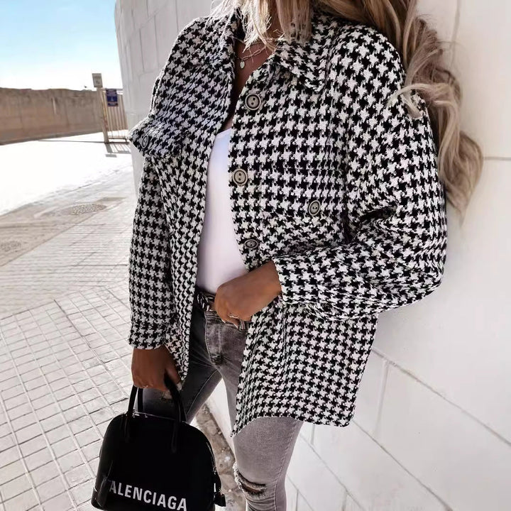 Women's Houndstooth Wool Coat - Chic and Structured