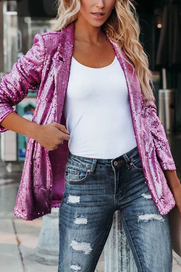 Women's Glamorous Sequin Lapel Blazer - Sparkle & Style