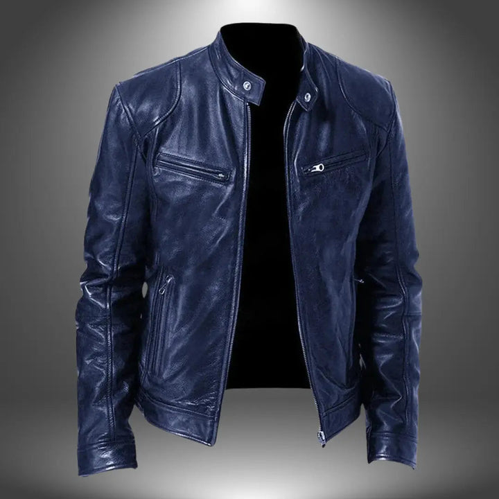 Harrington Oxford Men’s Leather Biker Jacket Zip-Up with Stand Collar and Pockets, view 4 - Elena Harper