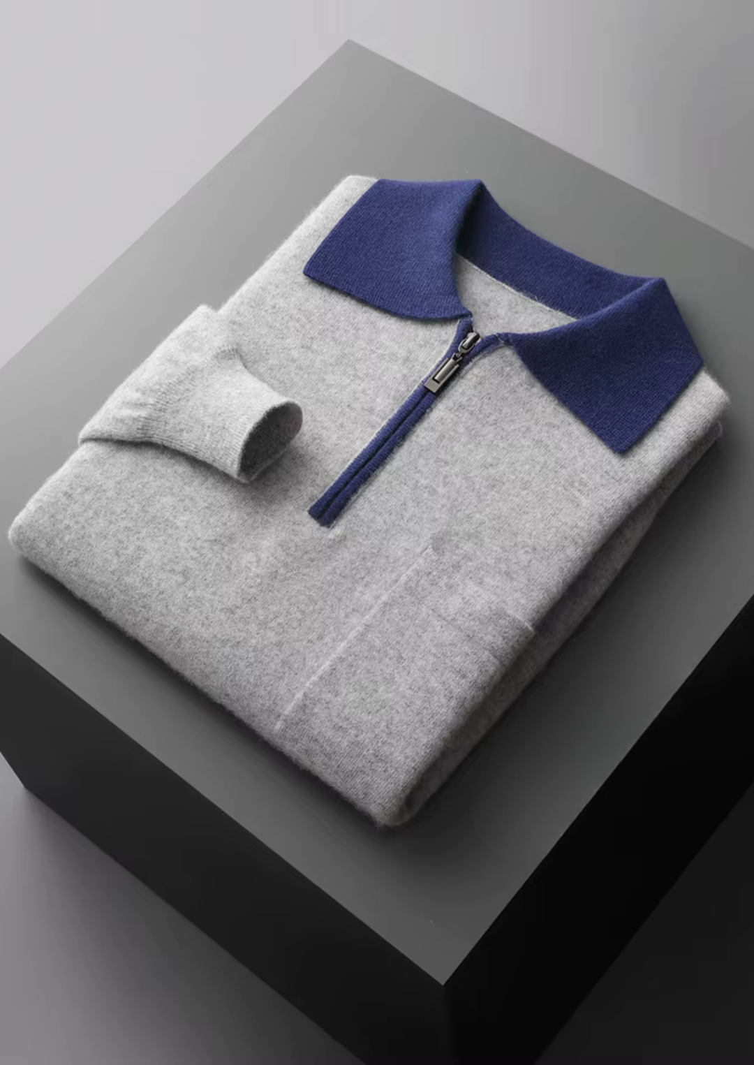 Emma & Rose cashmere two-tone zip polo — premium knitwear