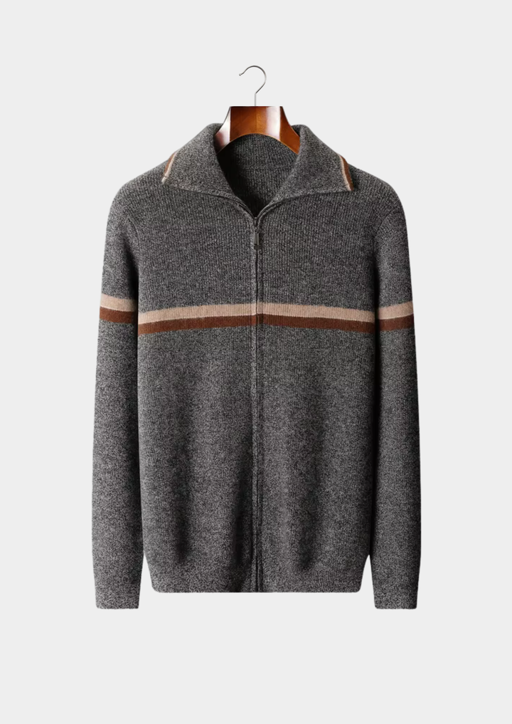 100% CASHMERE STRIPED ZIP CARDIGAN.