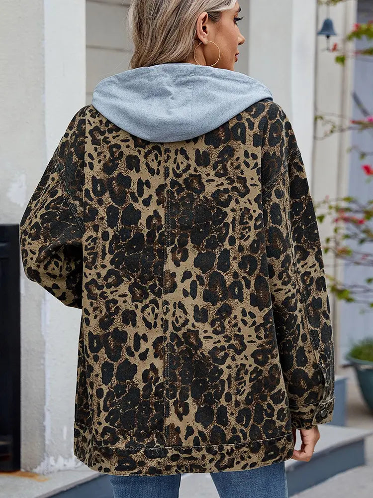 Oversized Leopard Print Hooded Denim Jacket, view 3 - Elena Harper