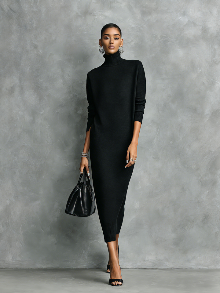 Women's Elegant Black Knitted Turtleneck Long-sleeved Loose-fitting Midi Dress With No Pockets MDA1974L7AN - Elena Harper