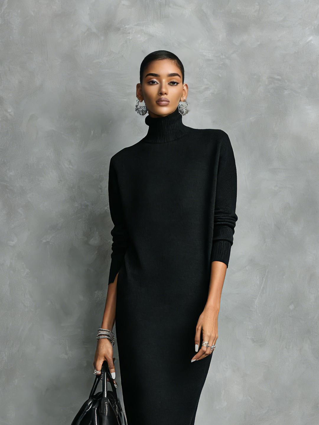 Women's Elegant Black Knitted Turtleneck Long-sleeved Loose-fitting Midi Dress With No Pockets MDA1974L7AN - Elena Harper