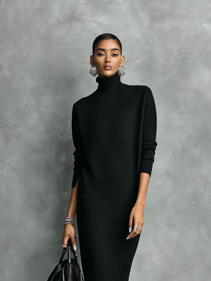 Women's Elegant Black Knitted Turtleneck Long-sleeved Loose-fitting Midi Dress With No Pockets MDA1974L7AN - Elena Harper
