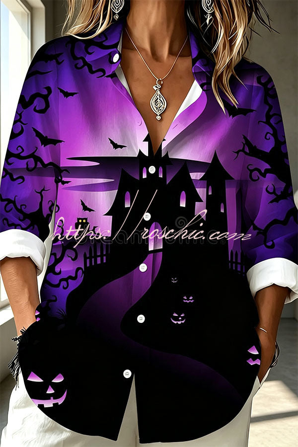 Halloween Shirt Featuring Bat and Jack-o'-lantern Patterns