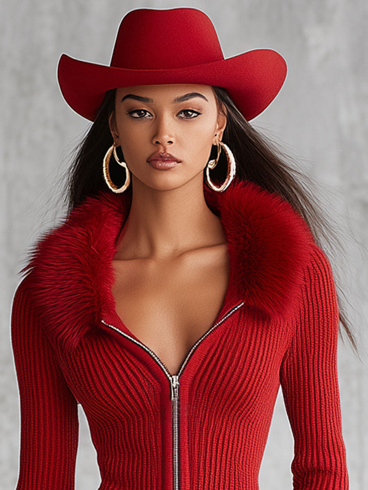 Lapel Zipper Faux Fur Collar Knitted Cardigan