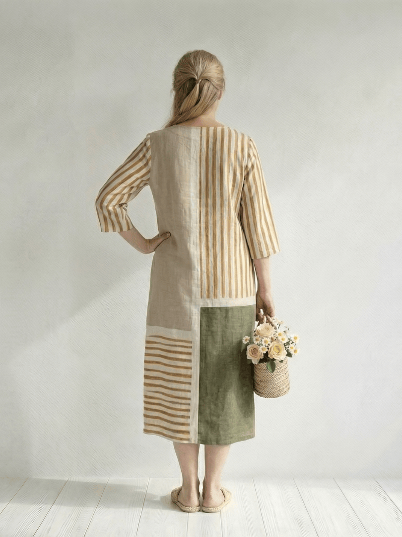 Emma & Rose Cape Town Soren™ mixed stripe midi dress with a fitted bodice and flowing skirt, displayed on a hanger.