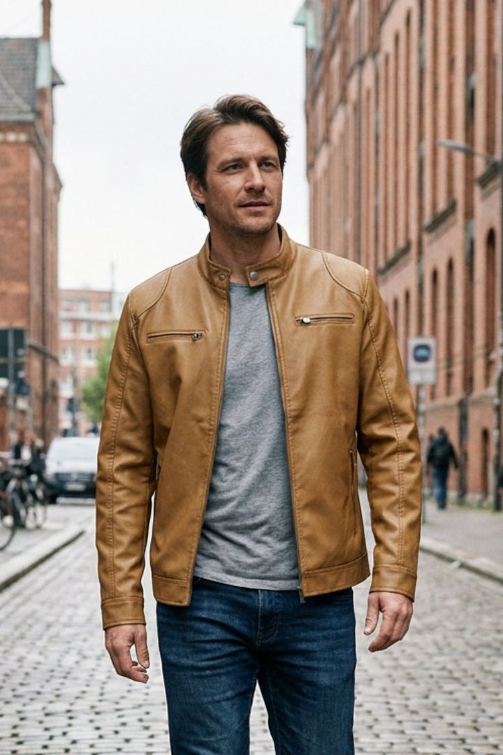 Men's Biker Jacket Stand Collar & Zipper Pockets, view 9 - Elena Harper