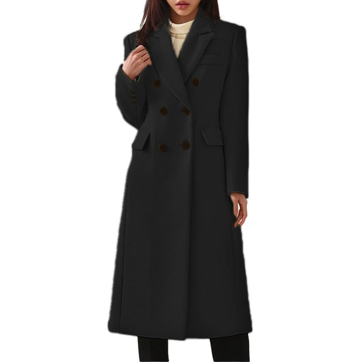 Wool Long Coat with Double Buttons – Elegant Burgundy Lapel Jacket