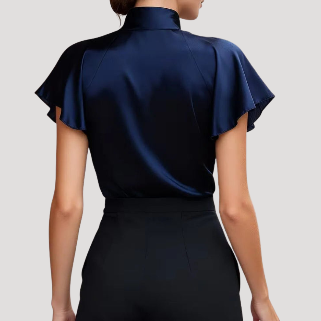 Elegant Satin Blouse for Women with Ruffled Collar and Sleeves