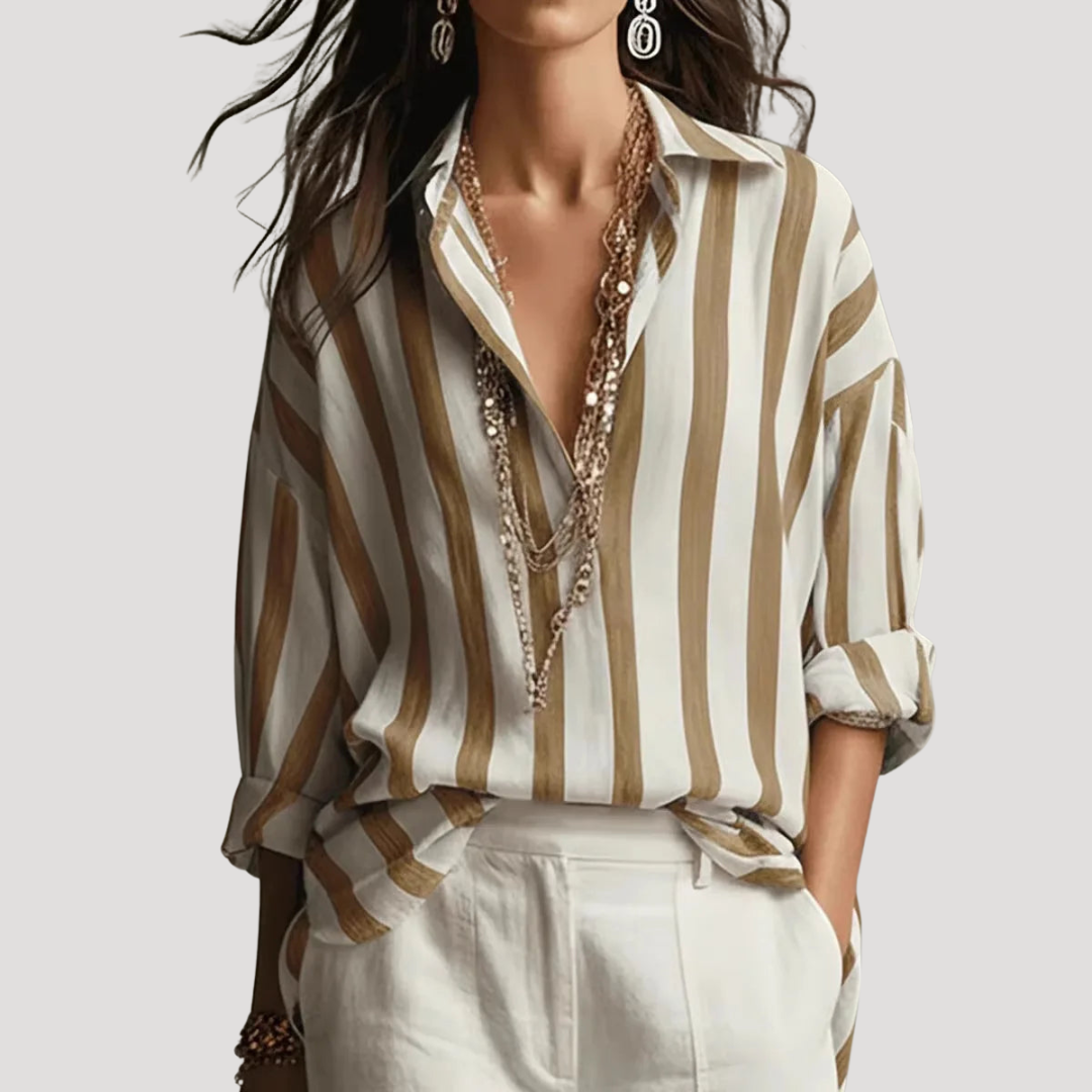 Women’s Bohemian Striped Blouse with Roll-up Sleeves