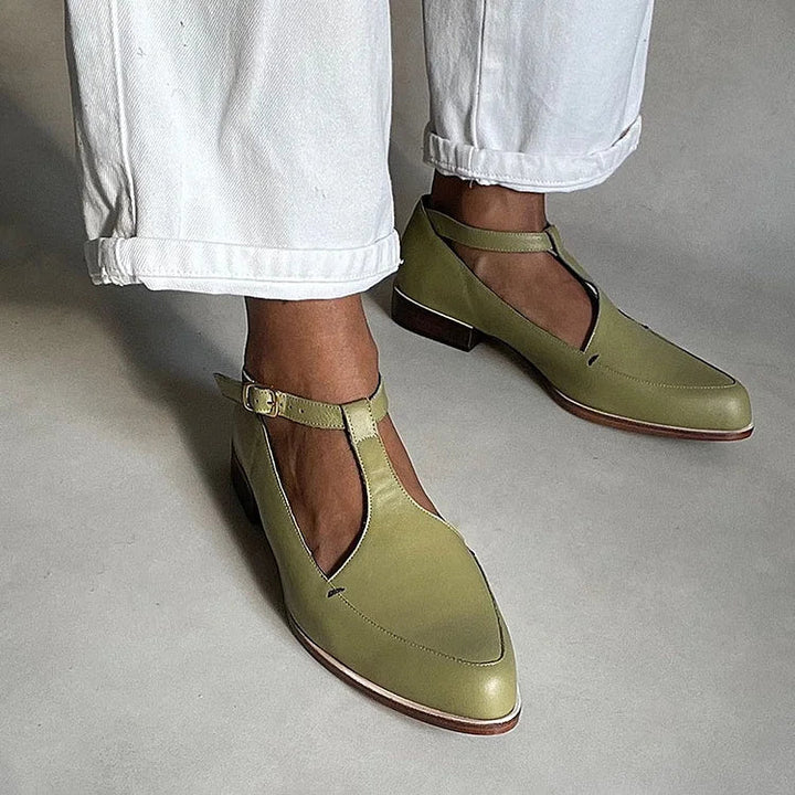 Women's Leather-Look Pointed T-Bar Low-Heel Shoes – Sofia