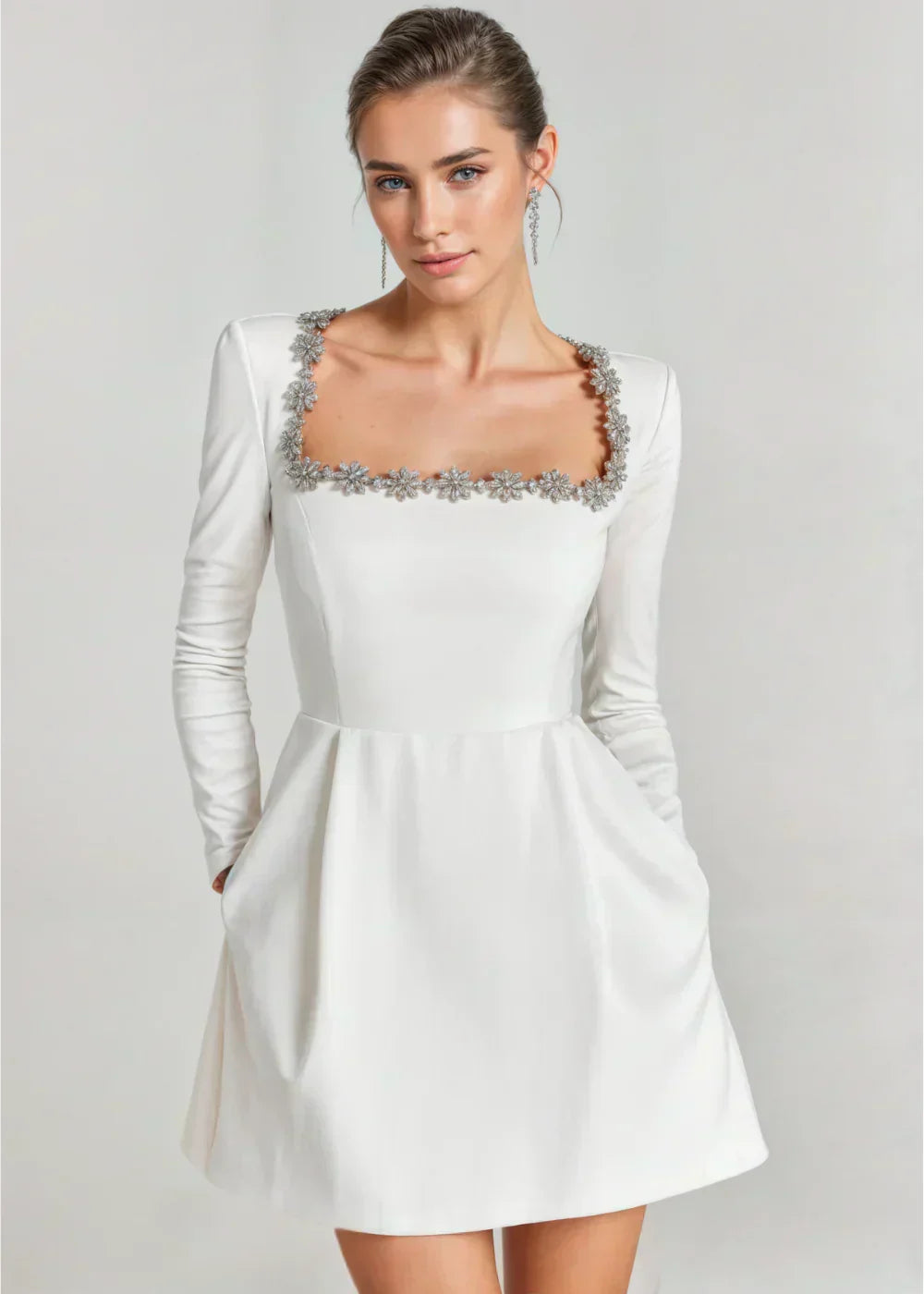 Mini Velvet Dress for Women with Square Neckline, Long Sleeves, and Flared Skirt, view 2 - Elena Harper