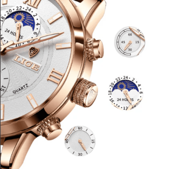 Rudolf™ Napoli Classic Watch by Emma & Rose Manhattan, close-up of the elegant watch with a white dial and leather strap.