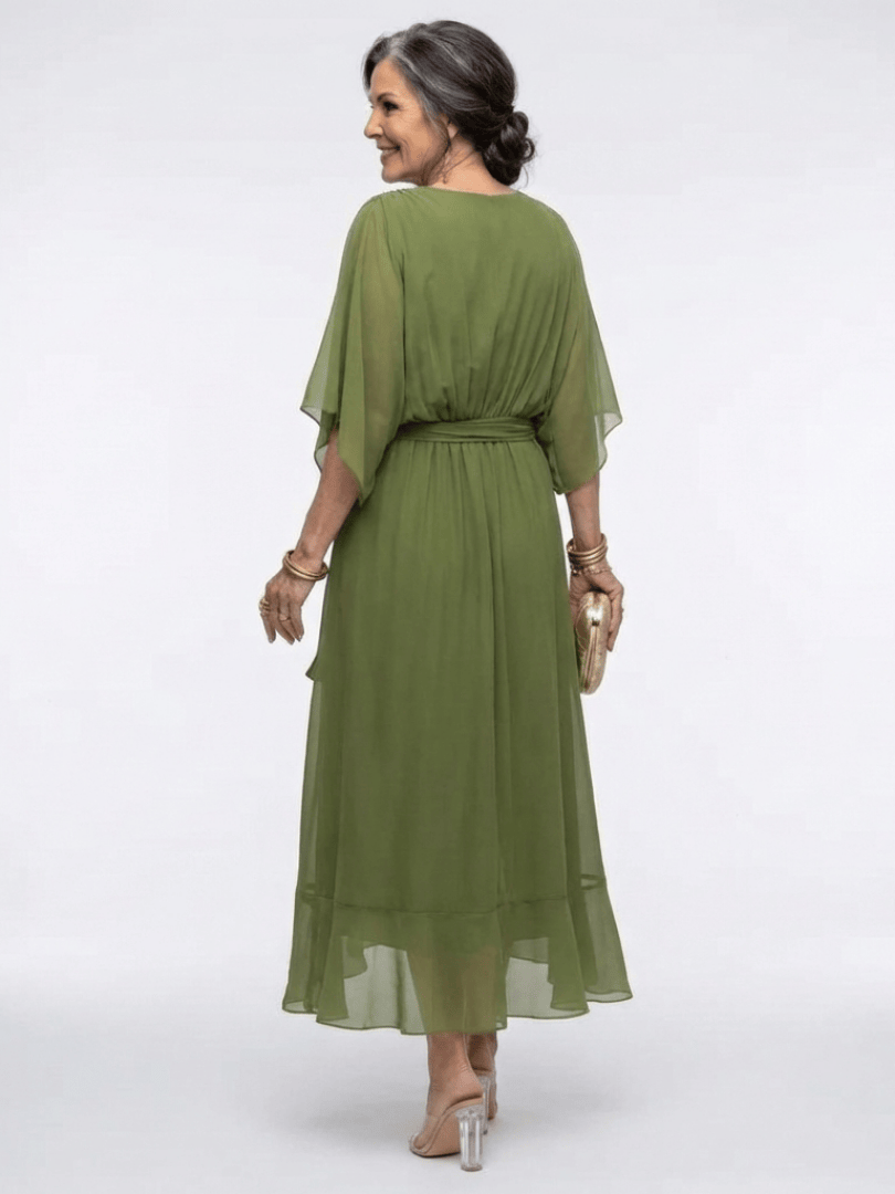 Elysia™ waist tie midi dress by Emma & Rose Cape Town, featuring a flowy fabric and stylish waist tie detail.