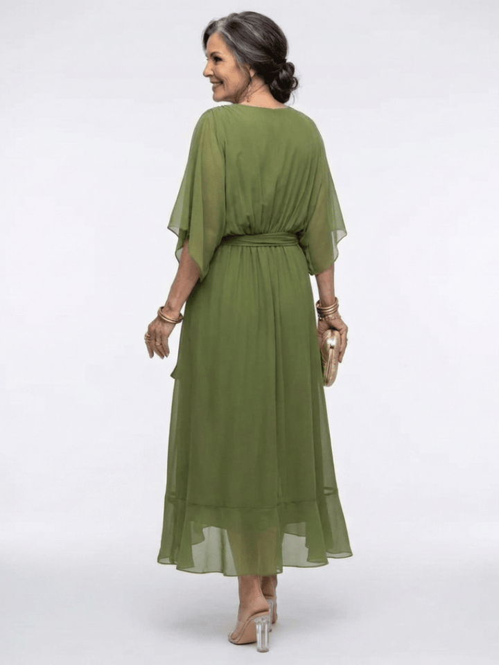 Elysia™ waist tie midi dress by Emma & Rose Cape Town, featuring a flowy fabric and stylish waist tie detail.