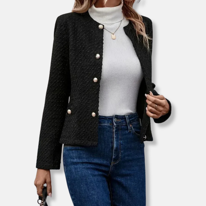 Women’s Blazer Collarless with Buttons and Long Sleeves, view 2 - Elena Harper