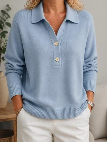 Women's Soft Sweater with Shirt Collar and Buttons