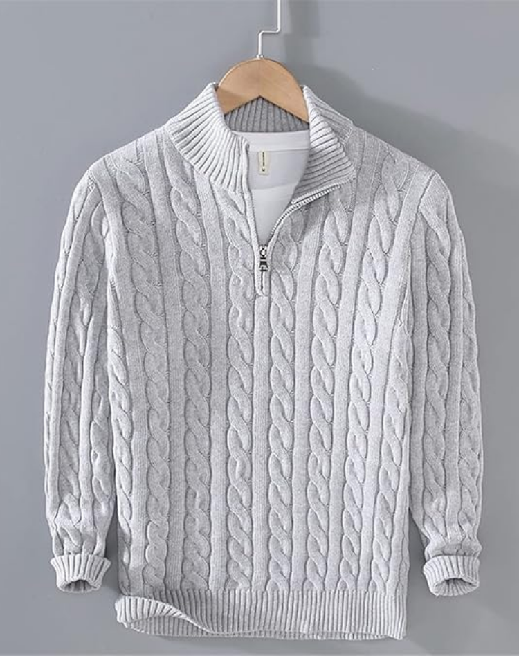 Cable Knit Half-Zip Sweater Men High Collar