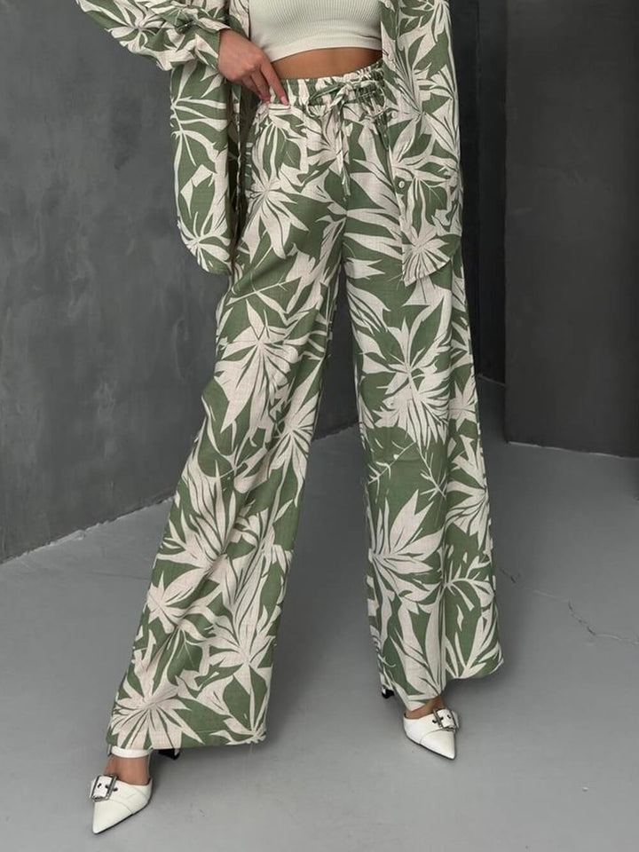 Palm Leaf Printed Elastic Waist Wide Leg Pant Set, view 5 - Elena Harper