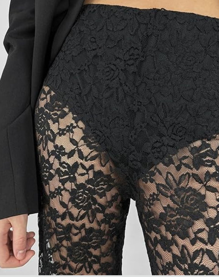 Flared Pants for Women with Lace Floral Pattern and Elastic Waist