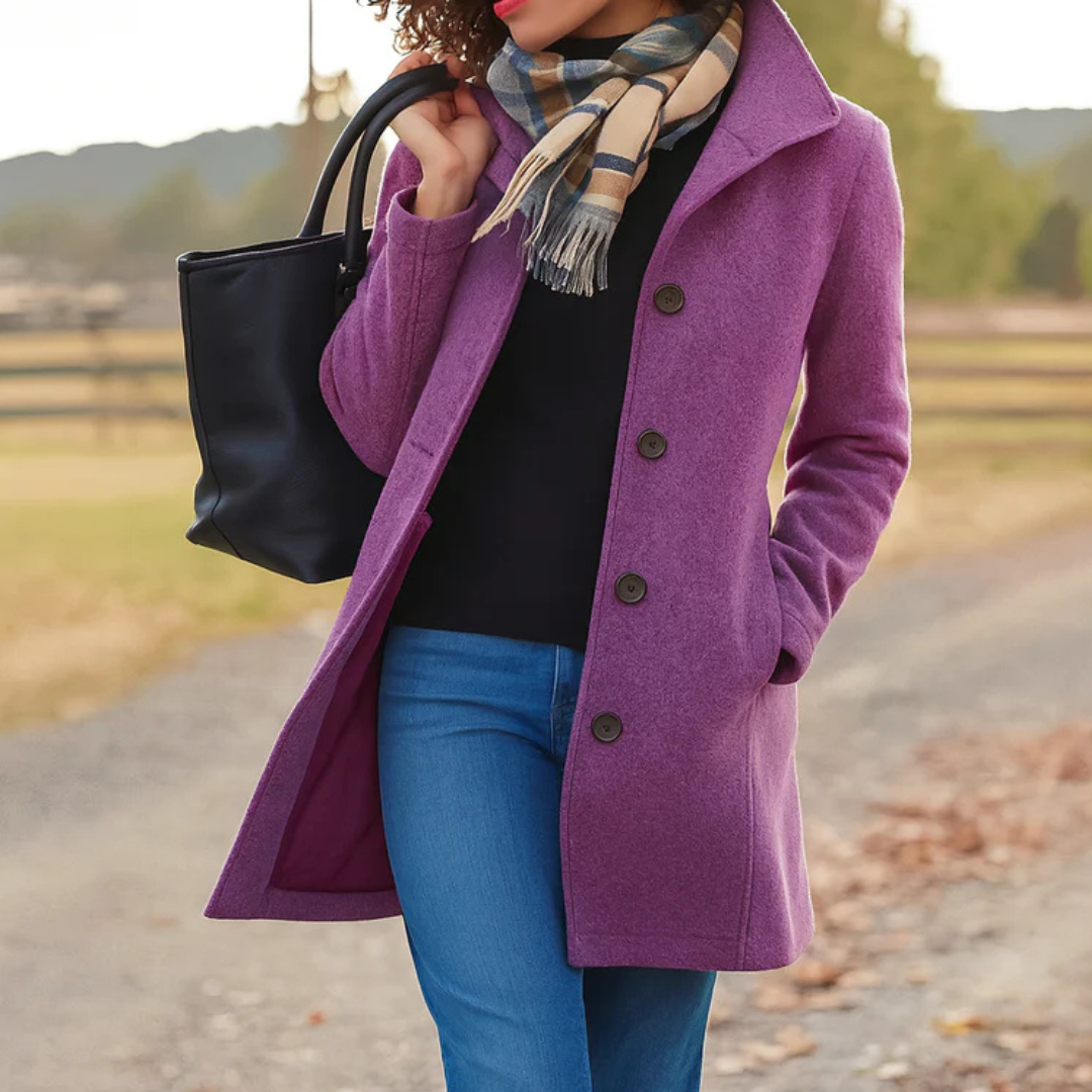 Elegant Long Buttoned Women's Coat with High Collar