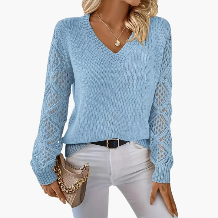 Women's V-Neck Knitted Jumper with Open Sleeve Detail, view 4 - Elena Harper