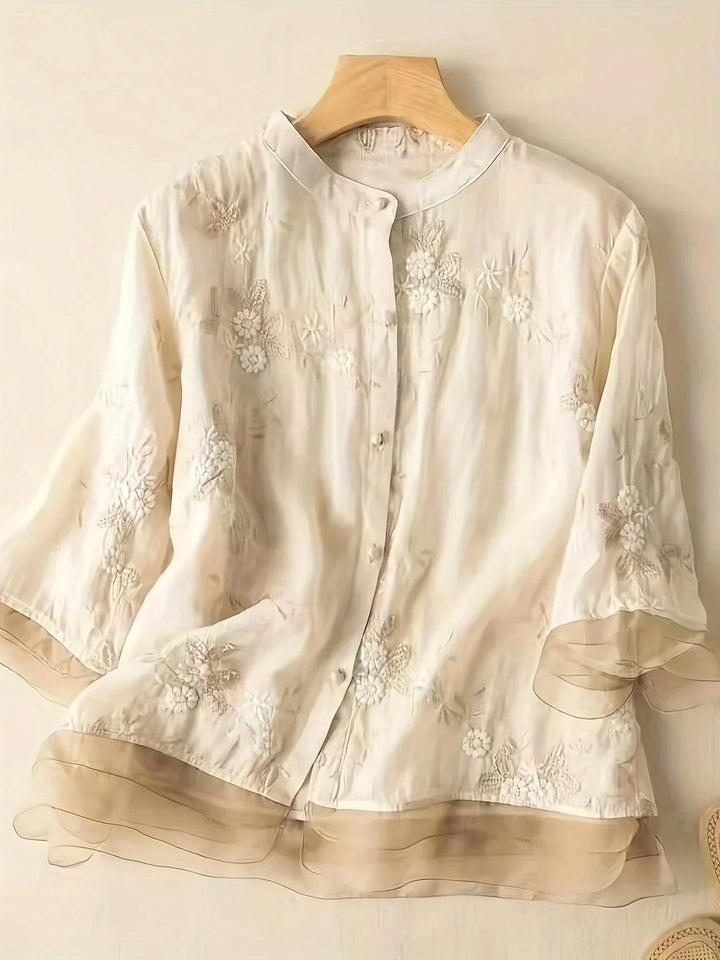 Embroidered Flower Blouse Eliza Button Closure Stylish, view 2 - Elena Harper